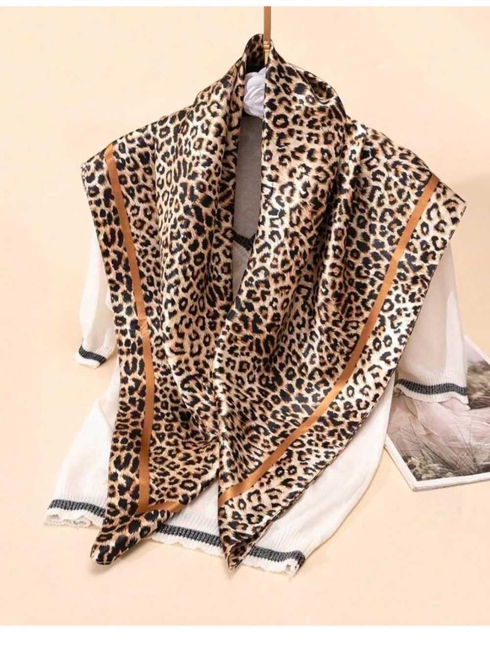 Leopard Print Satin Headscarf - Brown, Black & Cream - Picture 4 of 4